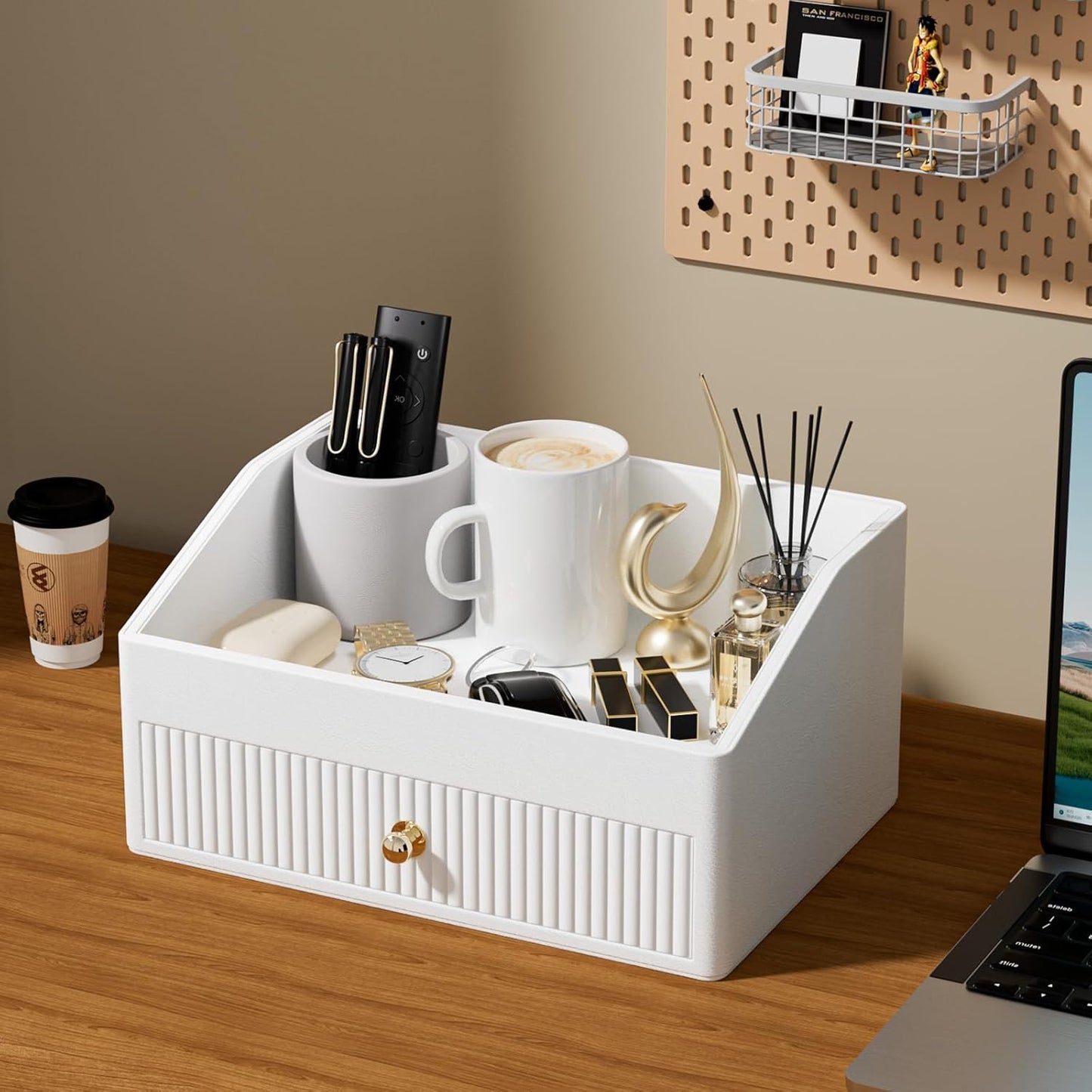 Office Desk Accessories,Beige White Vegan Leather Office Organizer with 1 Drawer & Tray,Pen Holder with Gold-Tone Metal Accents Knob for End Tables,Bedside Table,Bedroom.