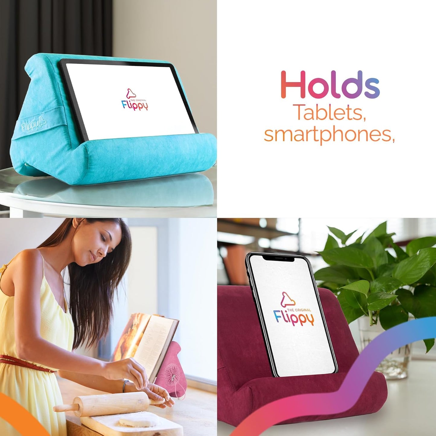 Flippy Original Tablet Pillow Stand & iPad Holder, Gift for Book Lovers & Readers, Multi-Angle Stand with Storage for Lap, Desk & Bed, Compatible with Kindle, Fire, iPad & Samsung, Smokey