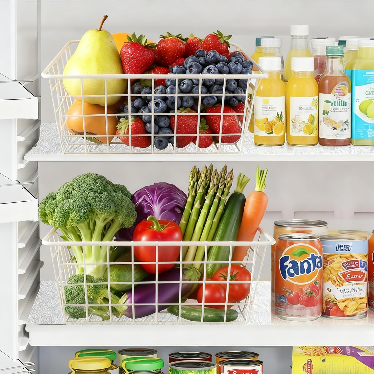 4 Pack White Wire Baskets for Pantry, 11" Upright Wire Freezer Storage Bins with Handles, Small White Metal Storage Basket for Freezer Organizing Office Kitchen Closets
