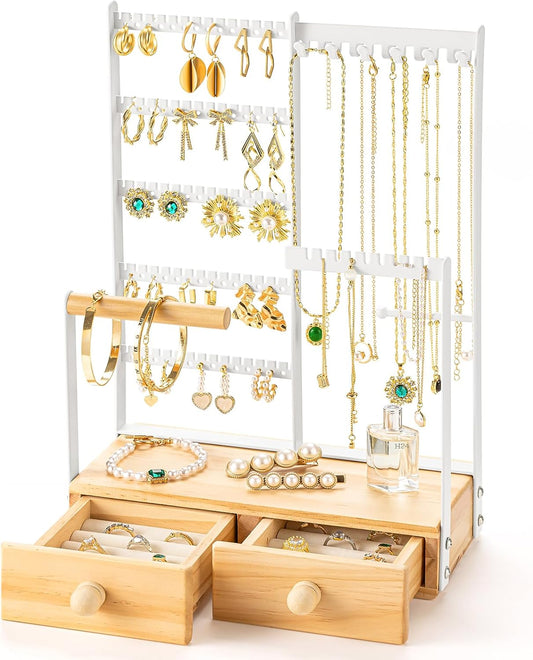 DreamGenius Jewelry Organizer Stand with 2 Velvet Ring Holder Drawers, 5 Tier Jewelry Holder Organizer with 11 Hooks for Necklaces and 145 Holes for Earrings, White