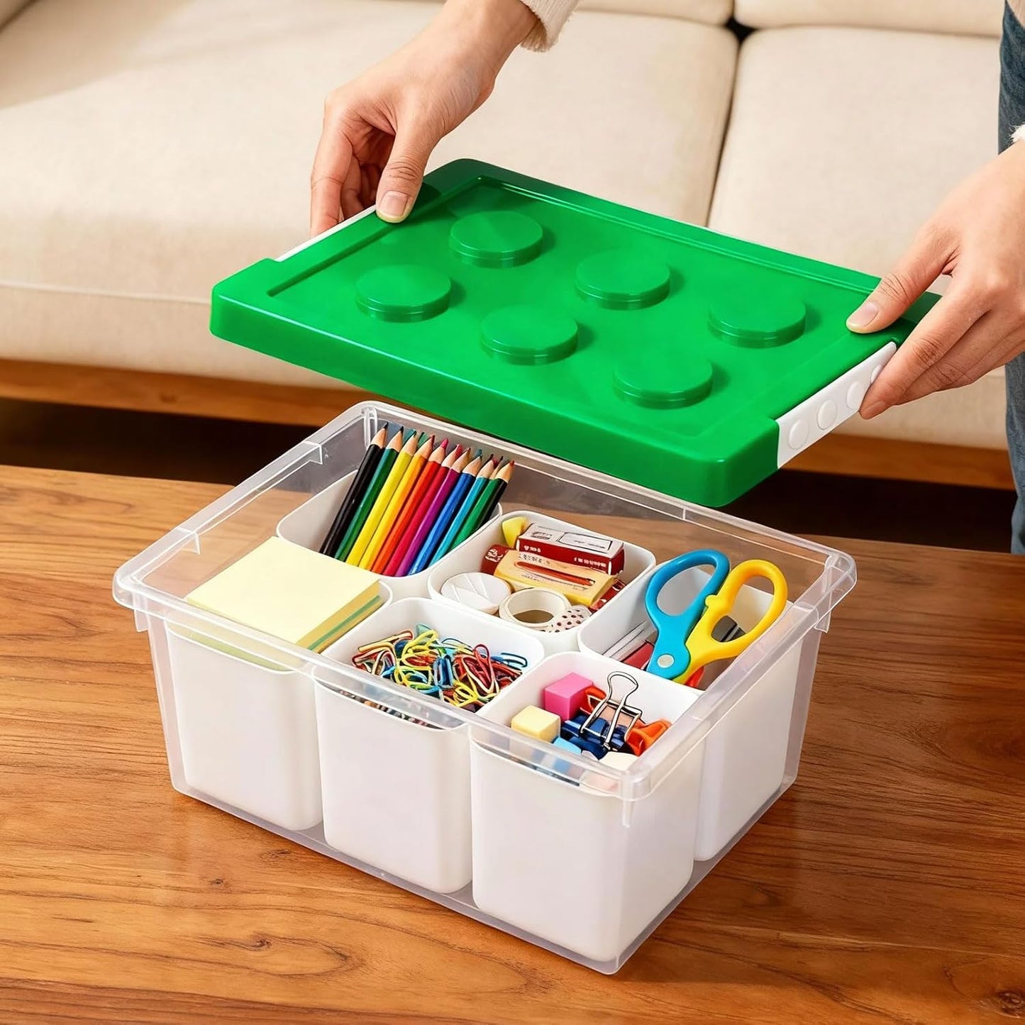 loobuu Plastic Storage Bins with Lids, Art Craft Supply Organizer Box with Brush Pot, Multipurpose Stackable Storage Containers for Organizing Tool, Craft, Crayon,Sewing (Green)