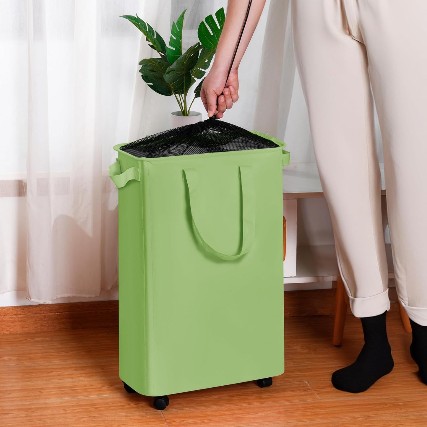 efluky Slim Laundry Hamper with Wheels, Rolling Laundry Basket for Clothes, Small Laundry Basket for Bedroom, Dorm and Laundry Room, 60L (12.7 Gallons) Green