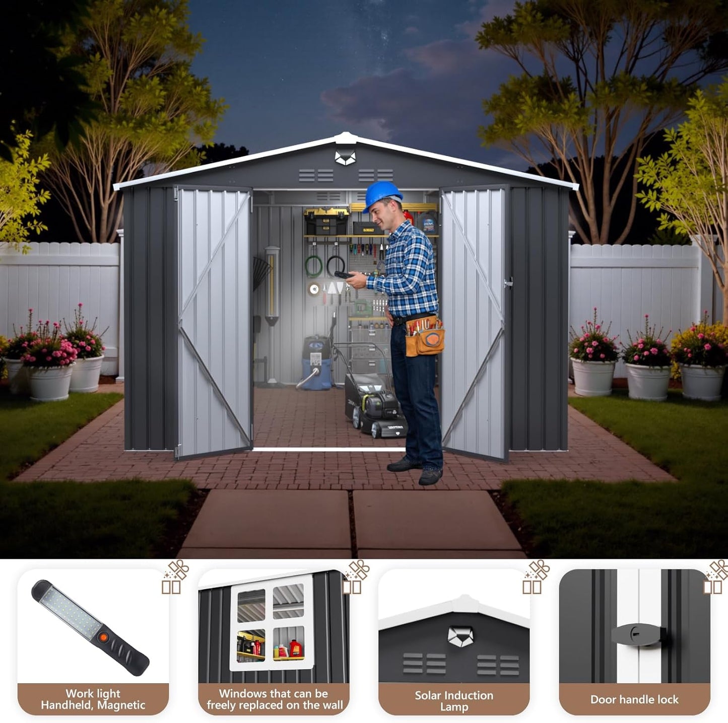10x12 FT Outdoor Storage Shed, Metal Garden Shed - Tool Storage Sheds with Lockable Doors & 1 Clear Window, Waterproof Outside Storage Building for Backyard, Patio (Black; Floor Not Included)