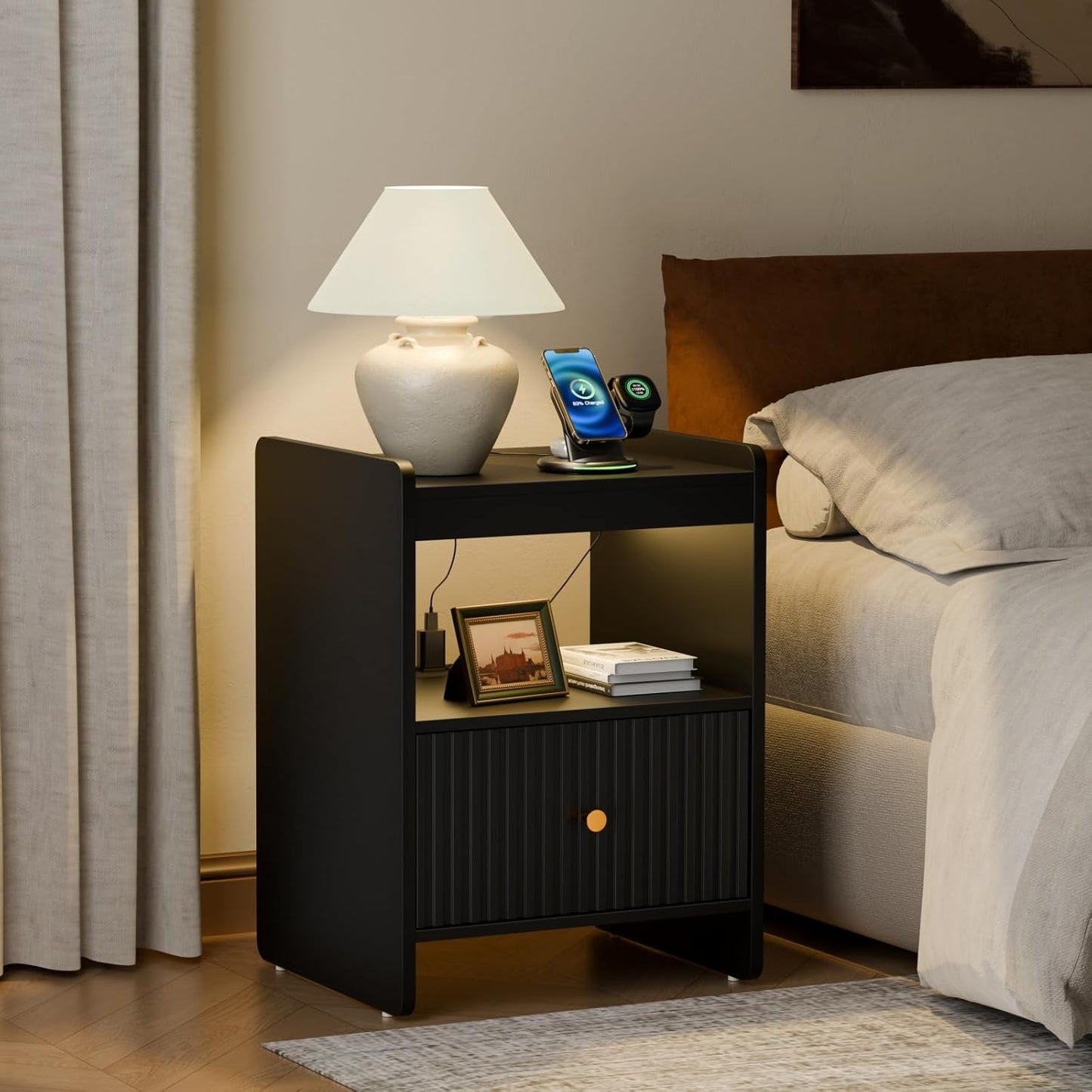 HIFYOBRO 21.6" Tall Fluted Nightstand, End Table with Charging Station and LED Light, Modern End Side Table with Drawer (Black)