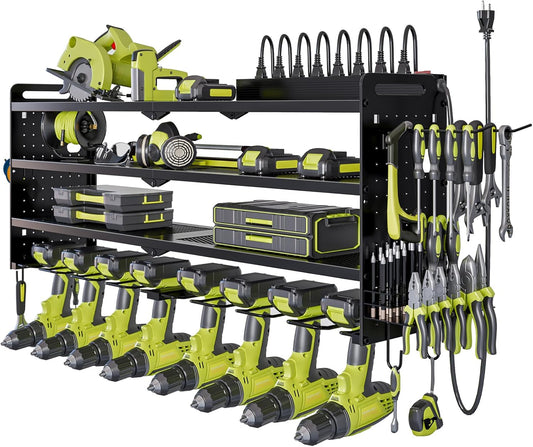Power Tool Organizer Wall Mount with Charging Station,Cordless Tool Organizer 8 Drill Holder, 4 Layer Storage Rack for Garage Organization,Tool Holder with 8 Outlet Power Strip (Black)