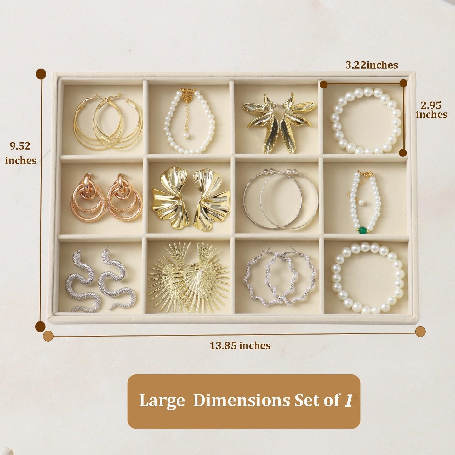 Large Jewelry Organizer for Drawer Insert Velvet Stackable Jewelry Trays for Earring Necklace Bracelet Ring Display (Beige, 12 Grids)