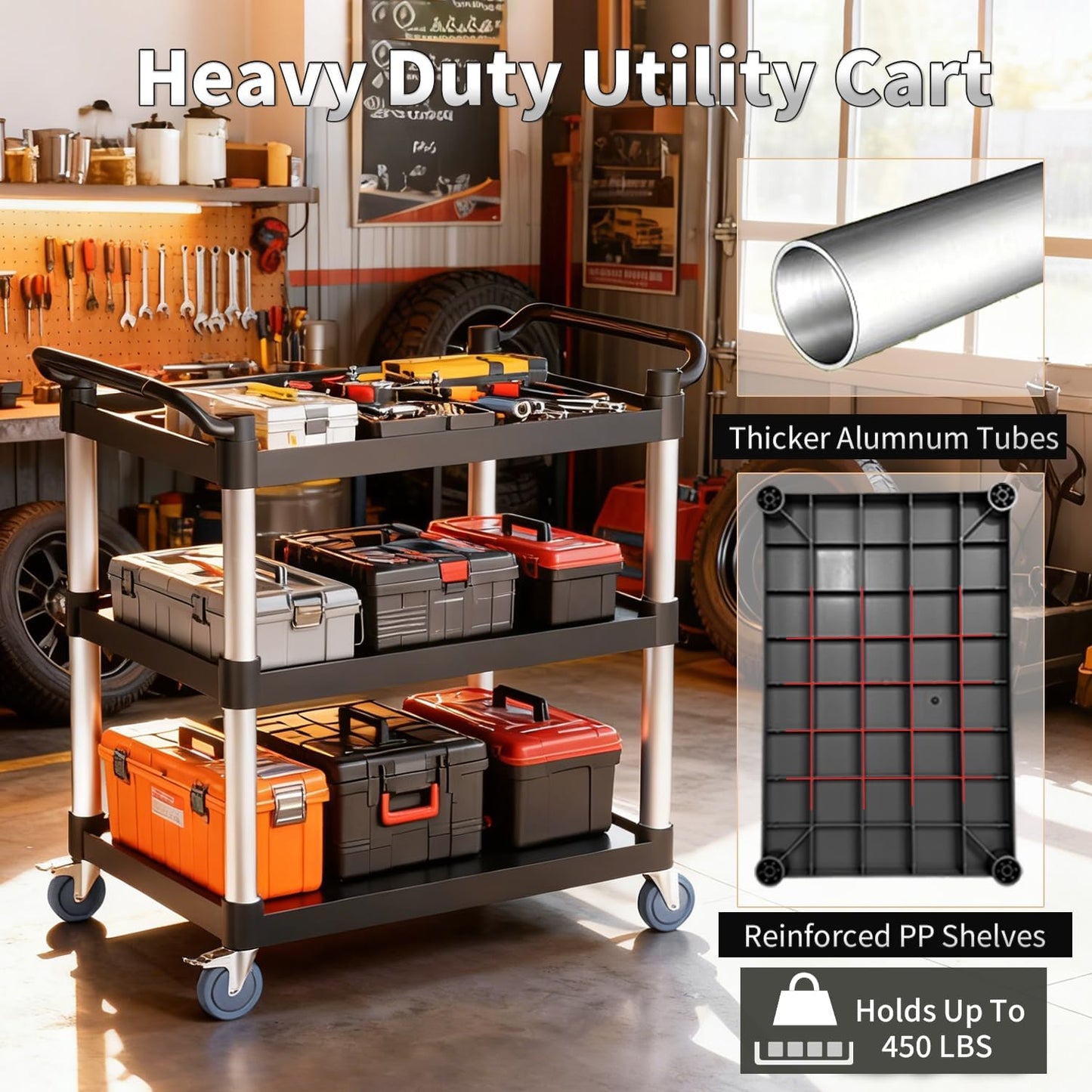3 Tier Rolling Cart with Hair-Proof Wheels, Plastic Utility Service Cart, Heavy Duty 450 Lbs Capacity, Solid Handle,Commercial Serving Cart for Home/Office/Restaurant/Warehouse.40×19.7"×38"