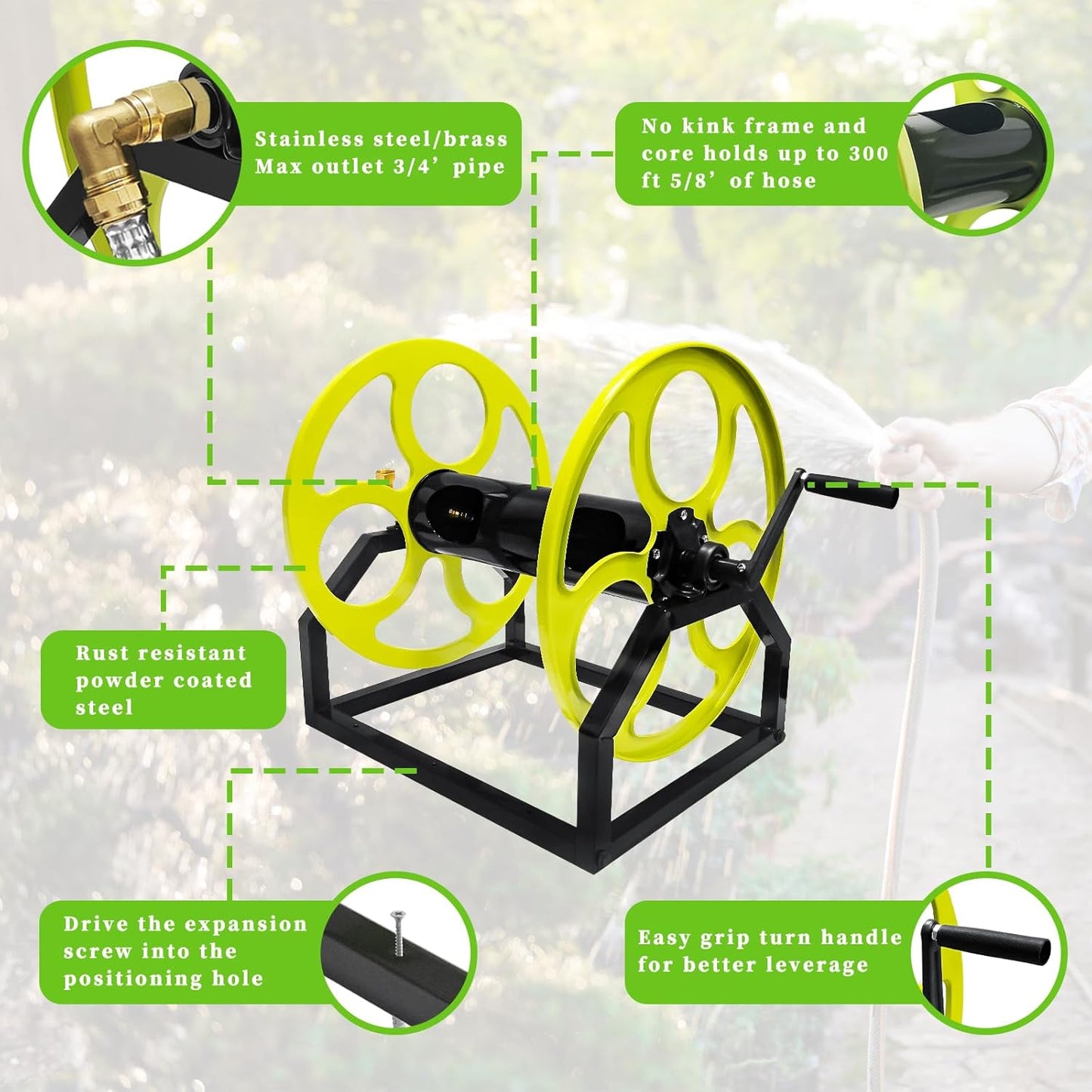Garden Hose Reel Heavy Duty ，for 5/8" Hose Reel with Crank Handle Retractable, Wall/Floor Mount Metal Hose Reel, Holds up to 300-Feet.（Hose not included）