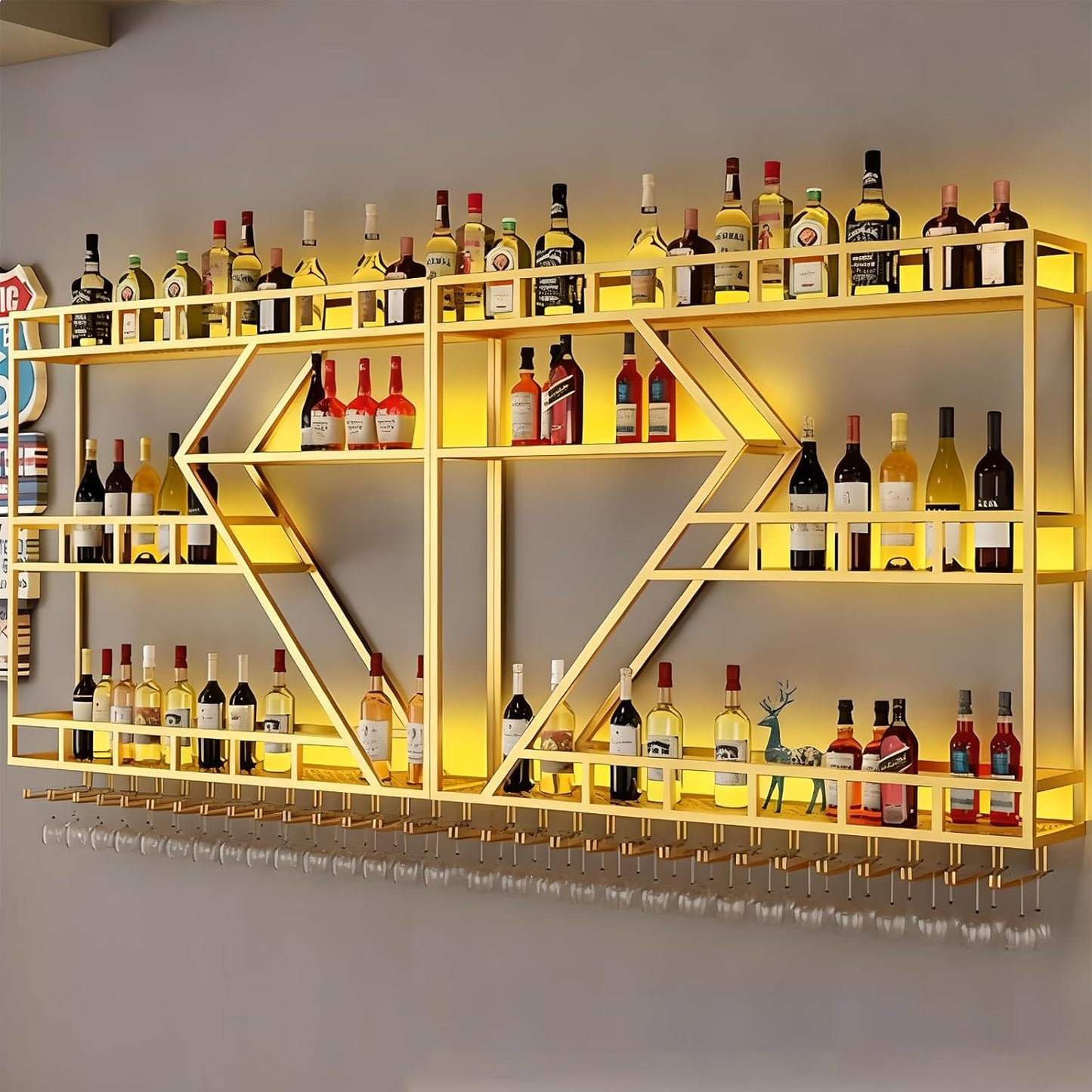 78.7in Wine Rack Wall Mounted, Modern Wine Storage Rack Wall Mounted with Wine Glass Holder, Liquor Shelf, Bar Shelves for Liquor Bottles (3TIERS Gold, 78.7 * 7.87 * 33.85INCH)