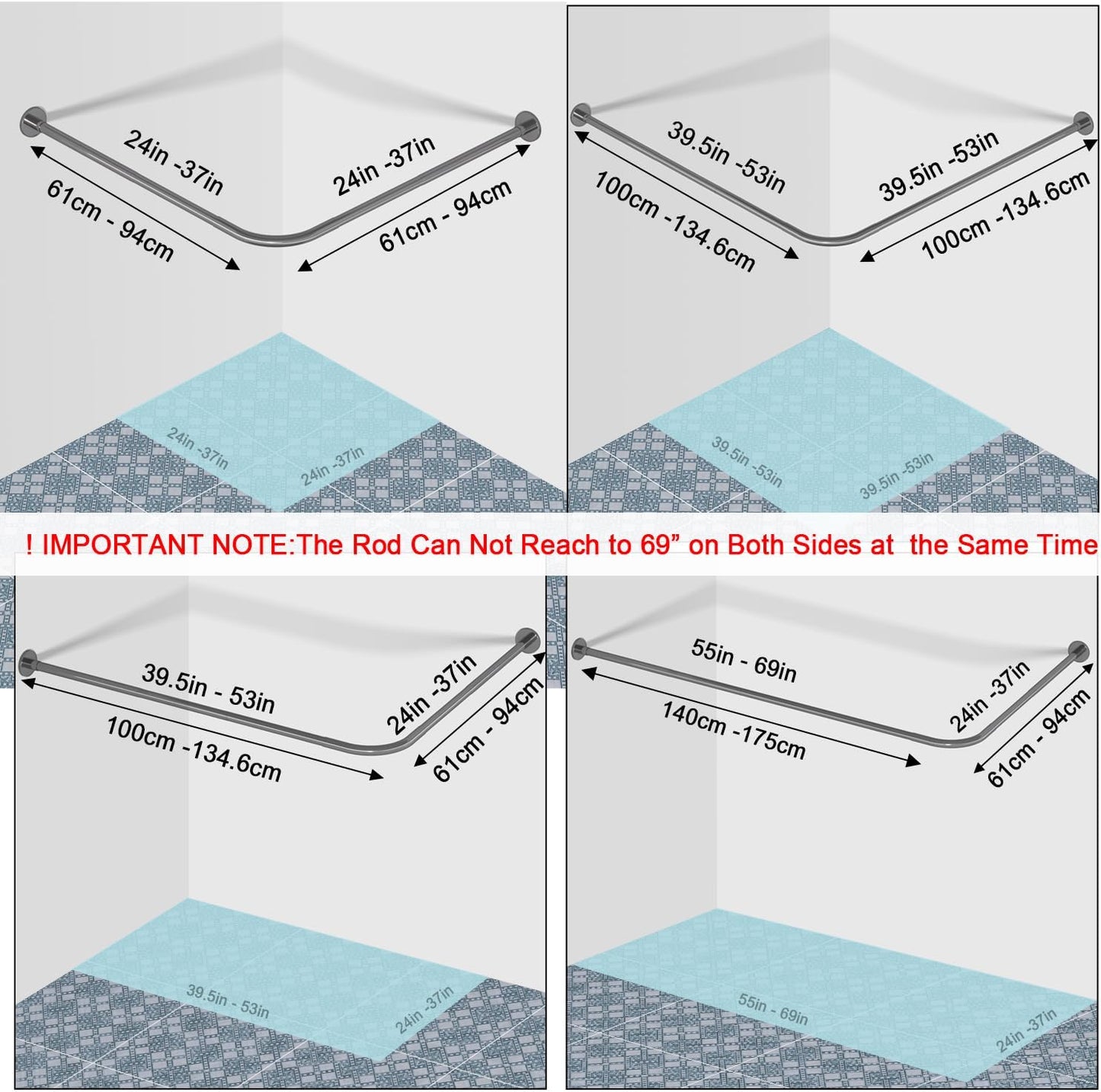 Stretchable 304 Stainless L Shaped Bathroom Bathtub Corner Shower Curtain Rod Rack, Drill Free Install, for Bathroom, Clothing Store, Private space(24"-53" x 24"-53", Maximum size 69'')