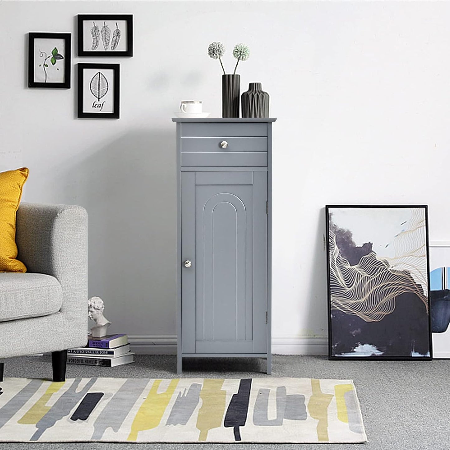 HAPPYGRILL Bathroom Floor Cabinet, Single Door Floor Storage Cabinet Organizer with Drawer and 3-Level Adjustable Shelves, Bathroom Cabinets Freestanding with Anti-Tipping Device for Living Room