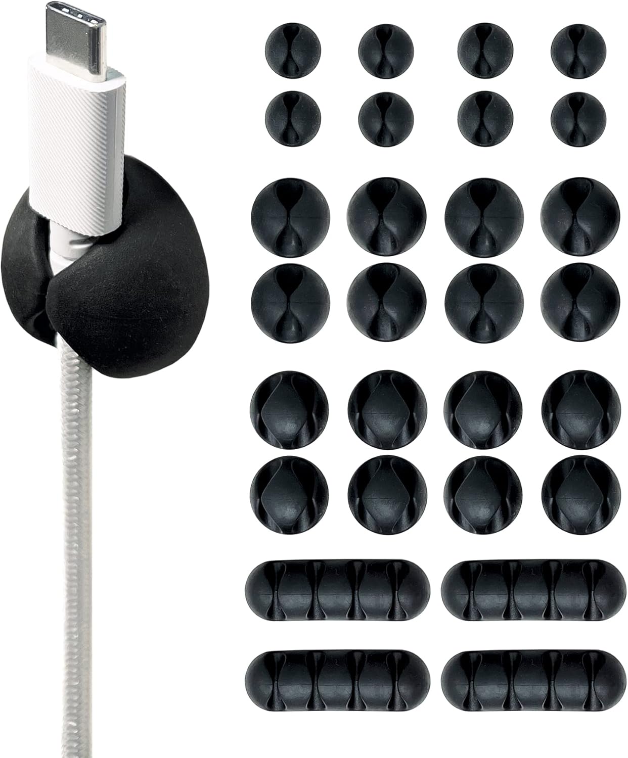 Wrap-It Storage Cable Clips - (Assorted 28-Pack) Black - Desk and Nightstand Cable Holder for Phone and Bedside Table Cord Organizer