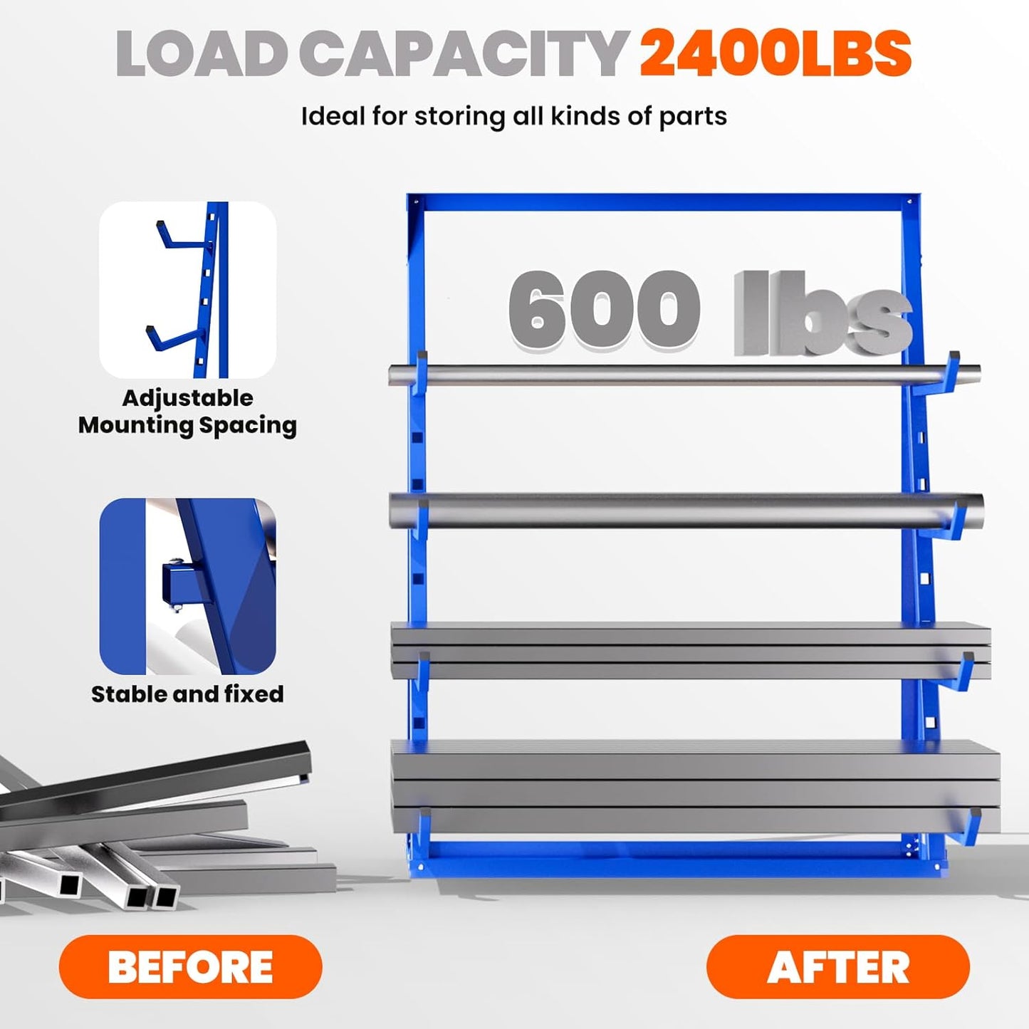 48x16x62'' Heavy Duty 4 Tiers Horizontal Lumber Storage Rack, 2400lbs Load Alloy Steel Lumber Pipe Organizer Shelf, Adjustable Bar Storage Cantilever Rack for Garage Workshop, Woodworking Shop