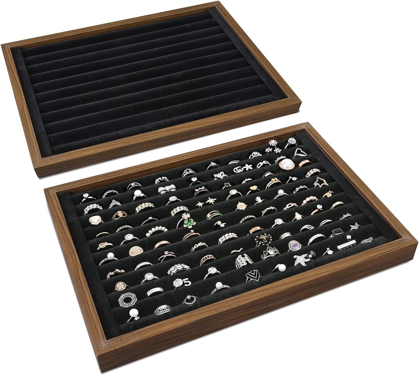 MOOCA 2 Pcs Wooden Ring Display Tray Set with Black Suede Lining, Ring Organizer for Jewelry Storage and Display, Walnut Color, 14W x 9.7D x 1.2H in