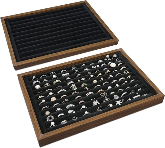 MOOCA 2 Pcs Wooden Ring Display Tray Set with Black Suede Lining, Ring Organizer for Jewelry Storage and Display, Walnut Color, 14W x 9.7D x 1.2H in