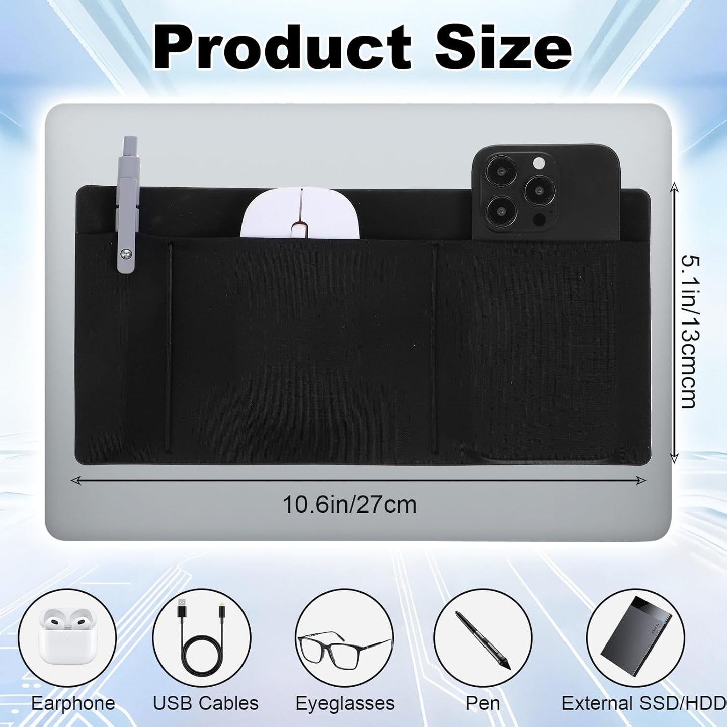 3-Pocket Organizer Mouse Holder for Laptop External Hard Drive SSD Holder Sleeve Computer Accessories Stick on Pouch Organizer Adhesive Pocket Storage Sleeve for Mouse HDD SSD Cables
