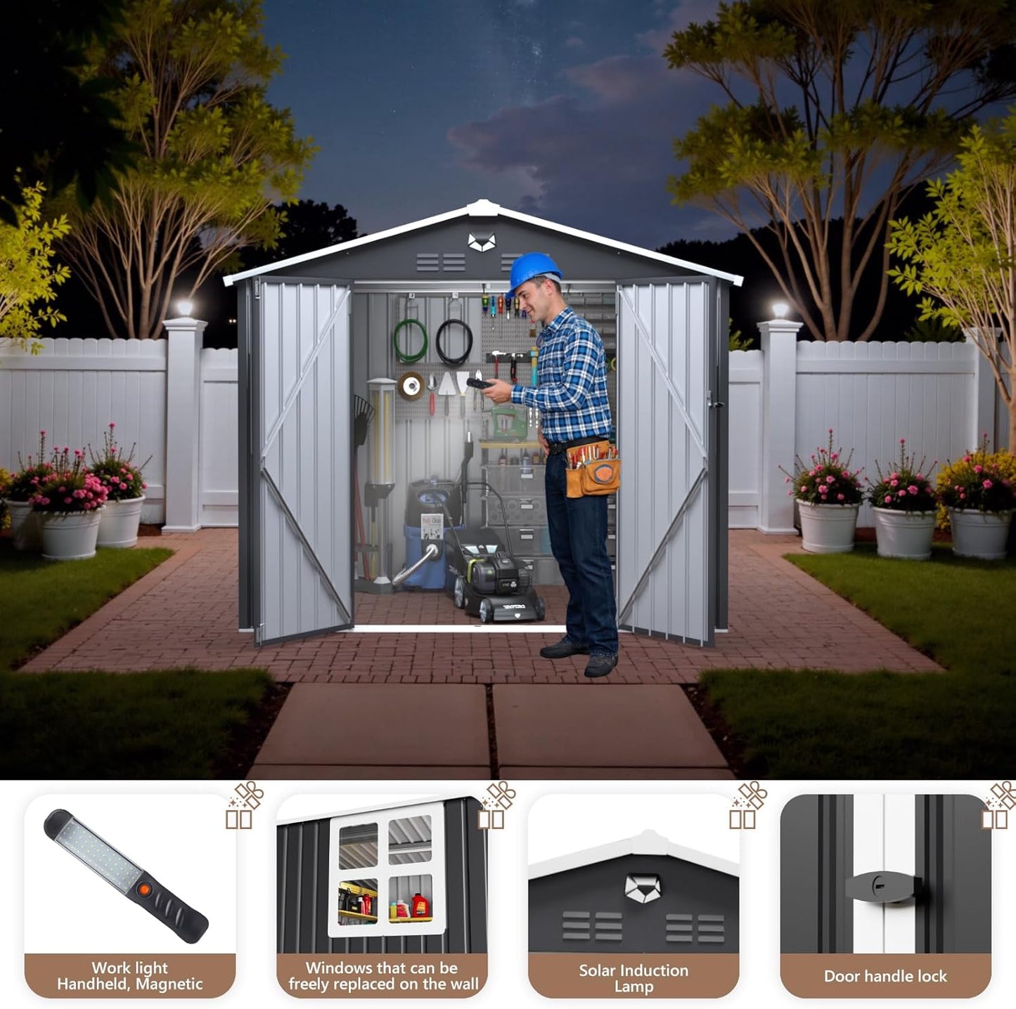 8x6 FT Outdoor Storage Shed, Metal Garden Shed - Tool Storage Sheds with Lockable Doors & 1 Clear Window, Waterproof Outside Storage Building for Backyard, Patio (Black; Floor Not Included)