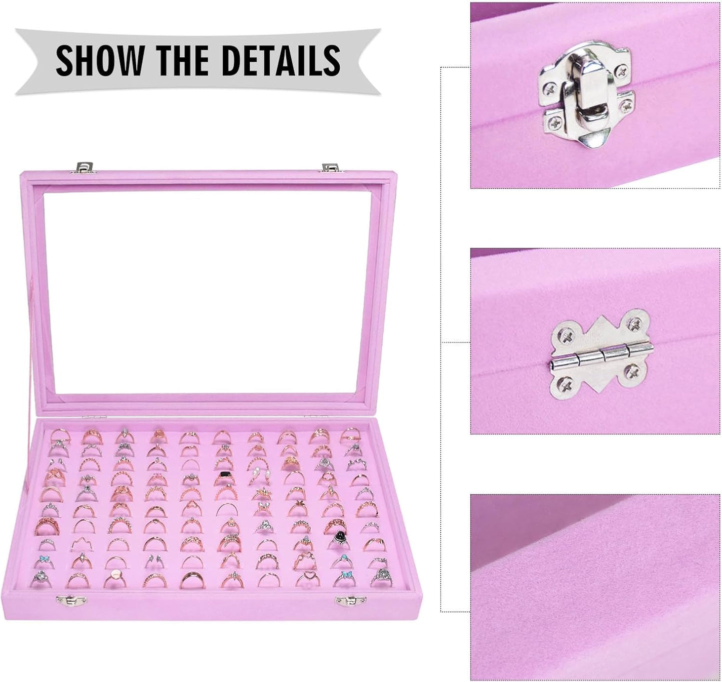 Velvet Ring Display Tray Organizer Box with Transparent Lid, 100 Slot Ring Holder Showcase For Store Display Jewelry Show Home, Pink
