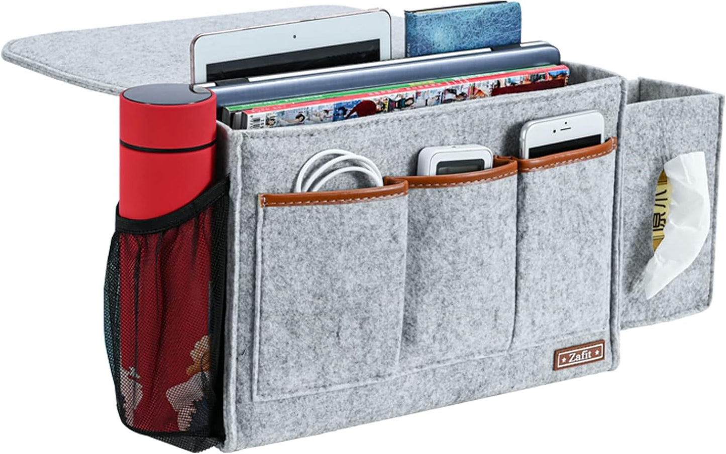 Bedside Caddy, Large Size Bedside Storage Organizer Bedside Organizer Caddy for Magazine Remotes Phone (13.4'' x 18.1'' Tissue box holder, Light Grey)