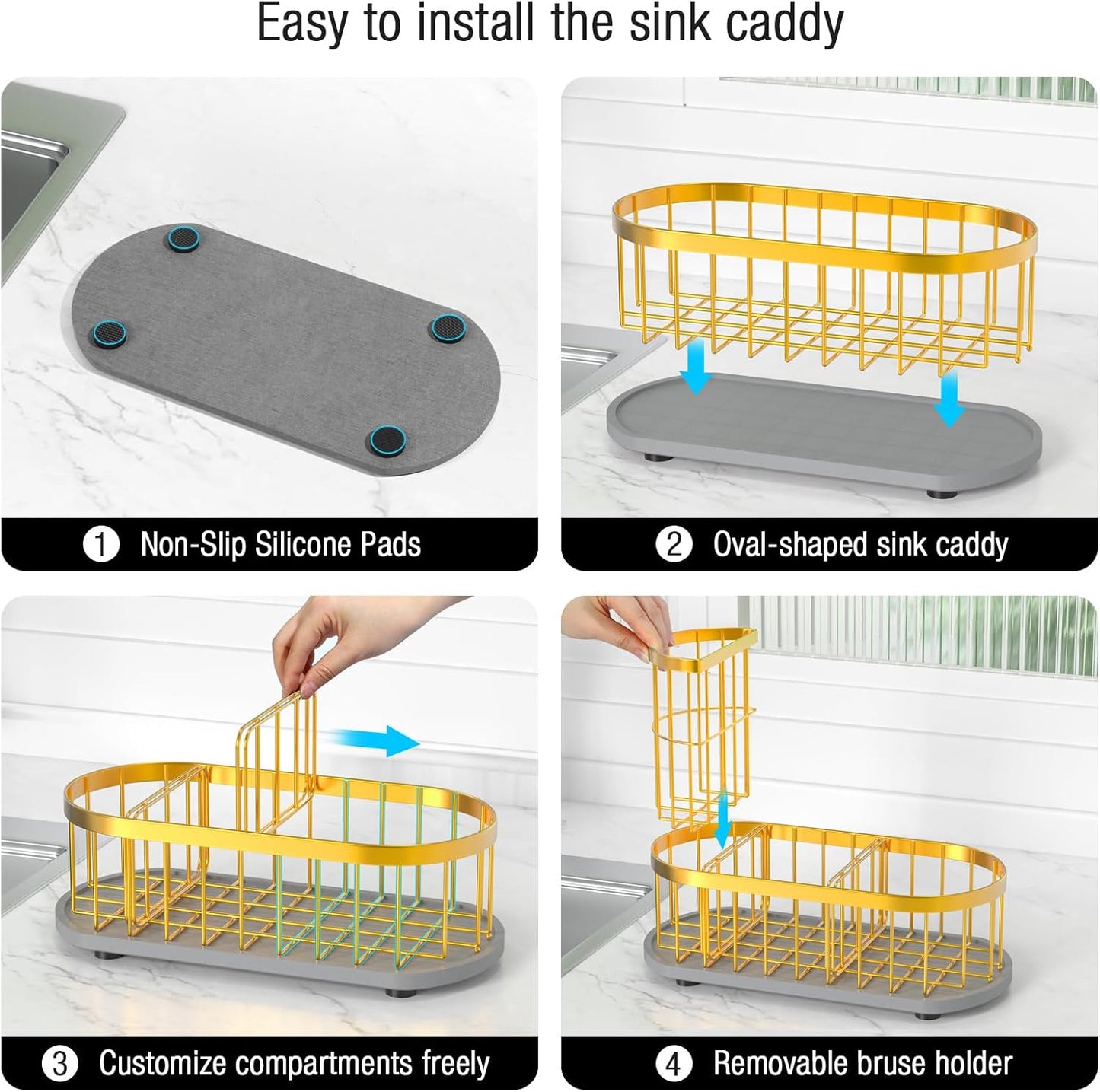 Kitchen Sink Organizer with Sponge Holder & Brush Holder - Drain-Free Non-Slip Base, 2.6mm Stainless Steel with Gold Rust-Resistant Coating - Easy Install & Clean Kitchen Sink Caddy