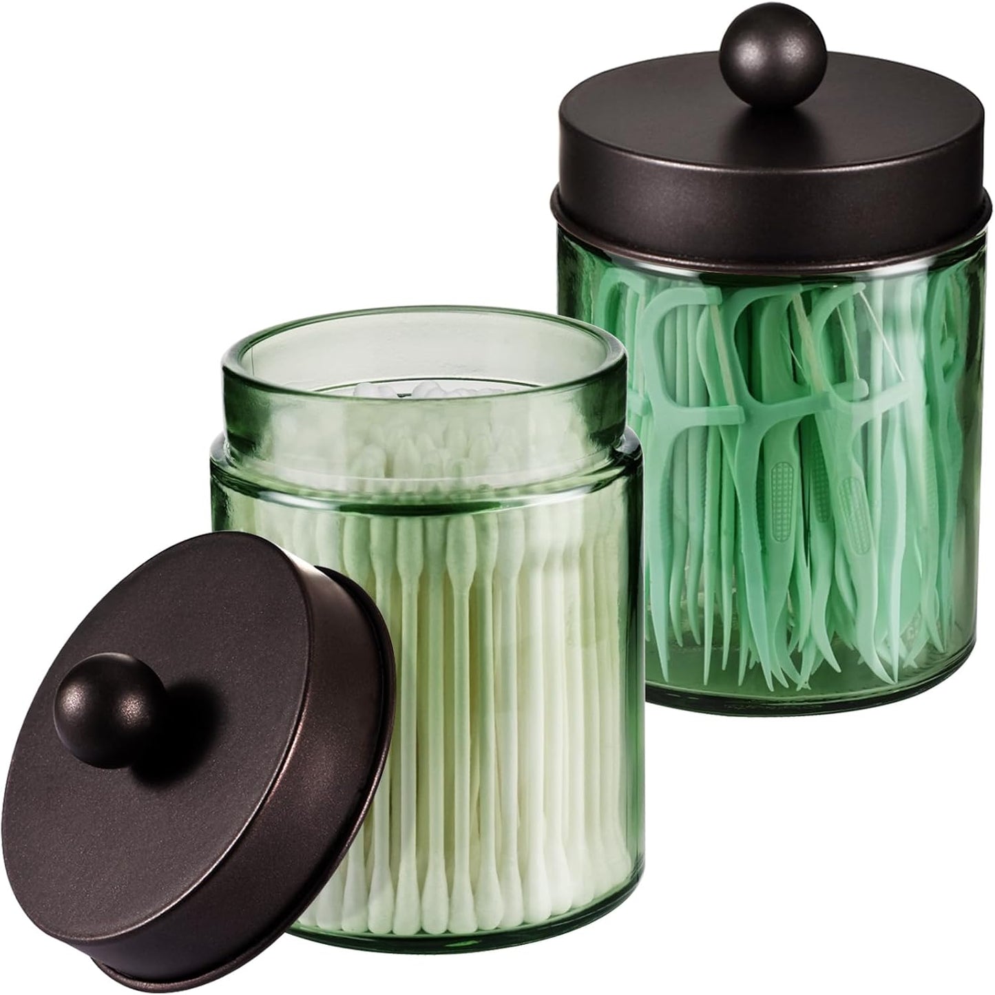 Amolliar Sage Green Qtip Holder, Glass ApothecaryJar Metal Lid & Stickers, Bathroom Qtip Holder Storage Canister, Farmhouse Decor for Cotton Balls, Swabs, Makeup Pads, Bath Salt, Floss, Bronze 2 Pack