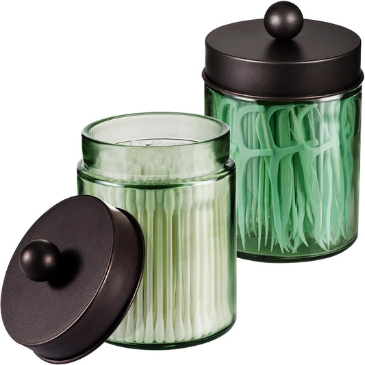 Amolliar Sage Green Qtip Holder, Glass ApothecaryJar Metal Lid & Stickers, Bathroom Qtip Holder Storage Canister, Farmhouse Decor for Cotton Balls, Swabs, Makeup Pads, Bath Salt, Floss, Bronze 2 Pack