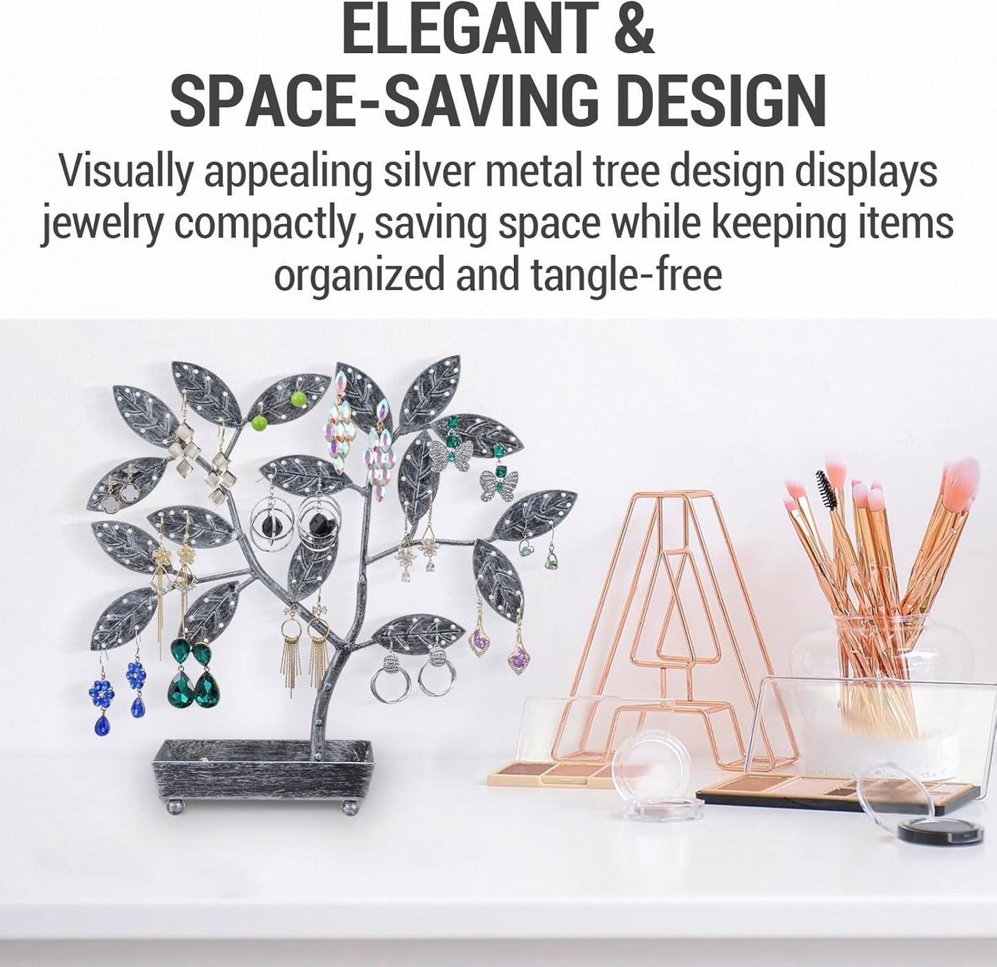 MyGift Jewelry Tree w/Bird Nest 48 pair Earrings Holder, Bracelets/Necklace Organizer Stand (Silver Metal)
