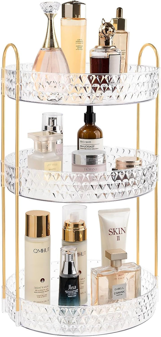 Rotating Makeup Organizer for Vanity, 3 Tier Perfume Skincare Storage for Women, Bathroom Counter Organizer, 360 Spinning Cosmetic Holder for Dresser Countertop, Clear
