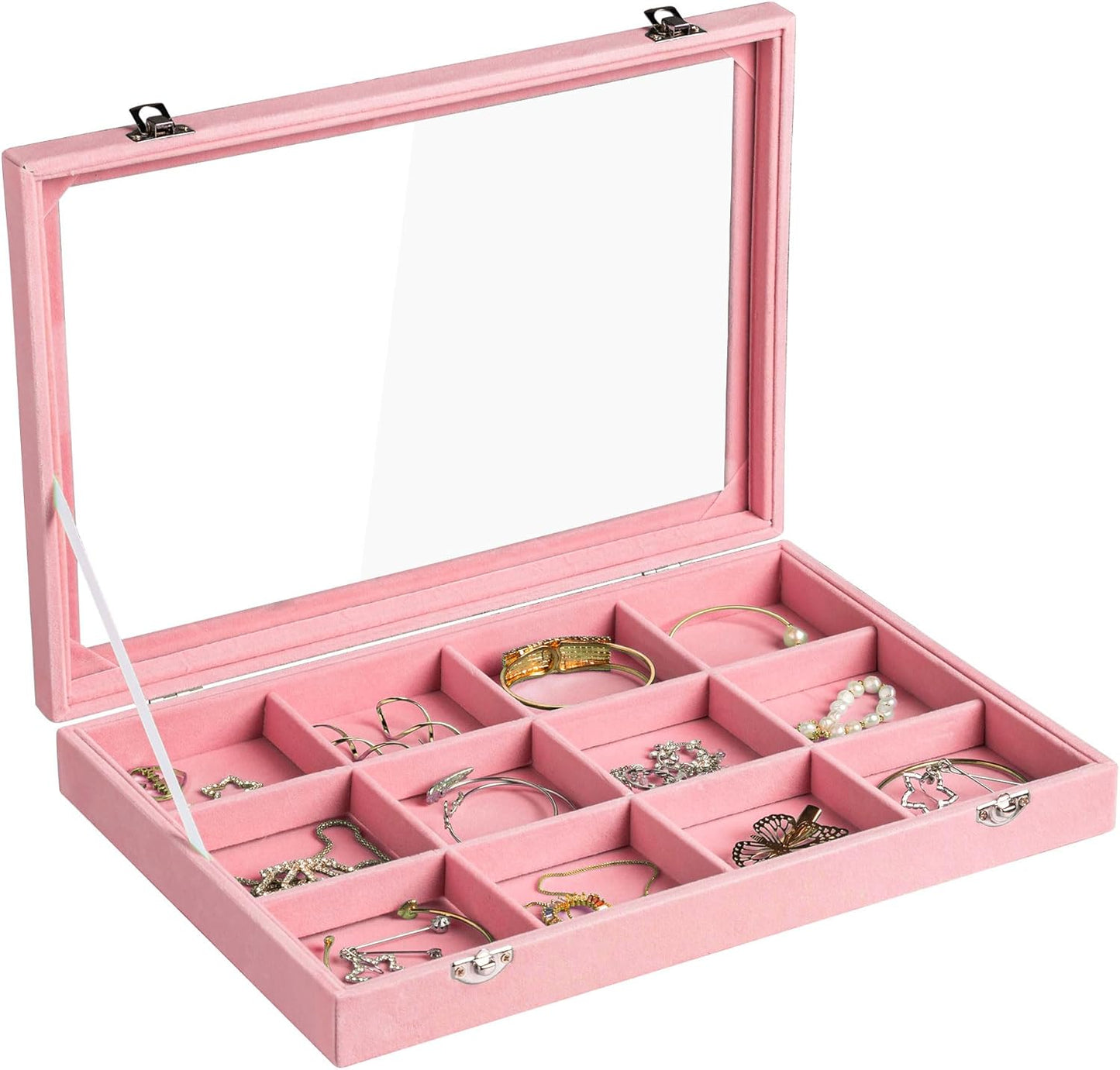 Frebeauty Velvet Jewelry Tray,12 Grid Jewelry Organizer with Clear Lid,Bracelets Holder,Jewelry Display Case with Clasp,Drawer Insert Bangle Brooch,13.8 x 9.5 x 2 Inches,Gift for Women Girls(Pink)