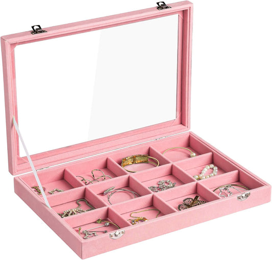 Frebeauty Velvet Jewelry Tray,12 Grid Jewelry Organizer with Clear Lid,Bracelets Holder,Jewelry Display Case with Clasp,Drawer Insert Bangle Brooch,13.8 x 9.5 x 2 Inches,Gift for Women Girls(Pink)