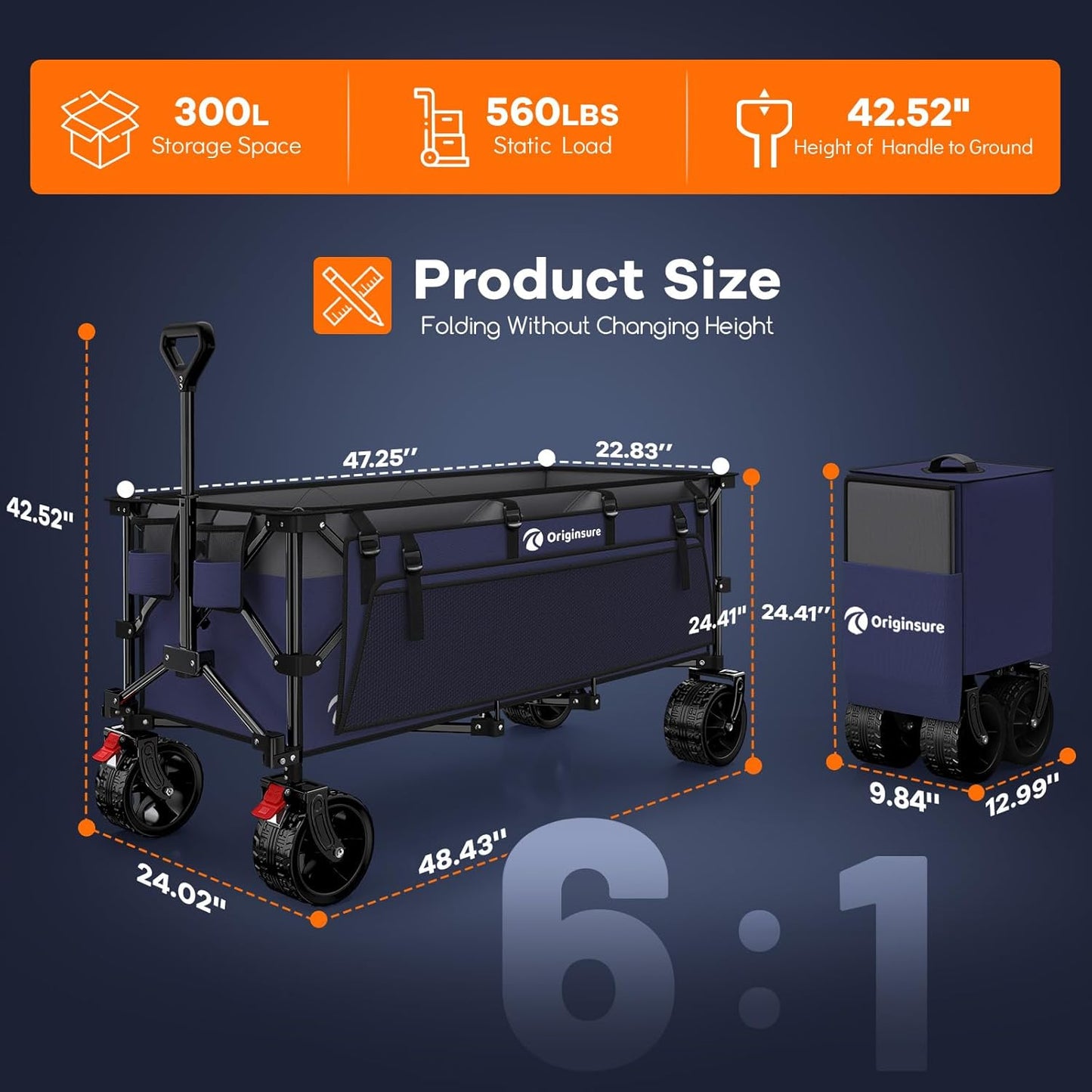 48" L Collapsible Beach Wagon Cart Foldable, 560LB Weight Capacity 300L Heavy Duty Folding Wagons with Big All-Terrain Wheels, Utility Carts for Groceries, Shopping, Camping, Sports - Grey&Purple