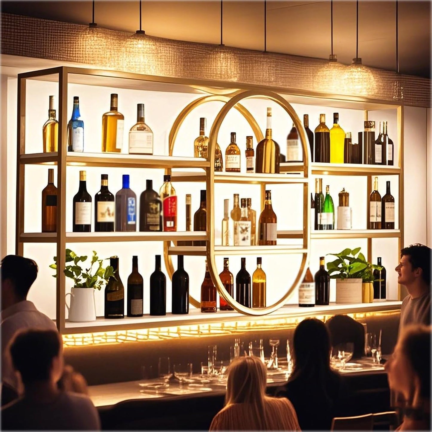 Large Wall Mount Wine Rack, Metal 4 Tier Large Capacity Hanging Bar Rack with Wine Glass Holder, Oval Wine Bottle Storage Display Rack for Kitchen, Living Room, Home (Gold, 120cm/47.2in)