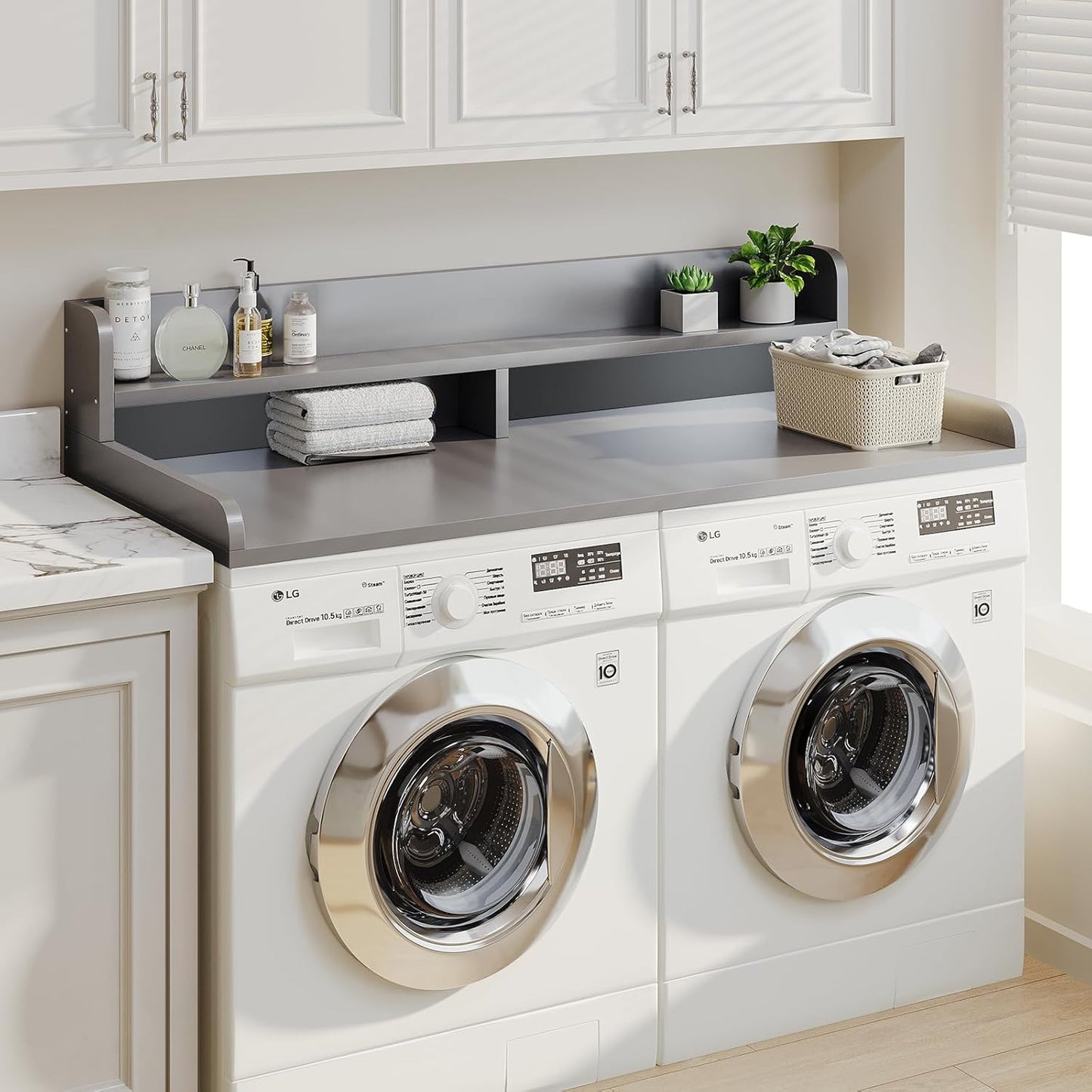 2-Tier Washer Dryer Countertop with 2.75" H Edge Rails, 58" W x 28" D Laundry Countertop for Folding Clothes, Washer and Dryer Topper with Non-Slip Pad (Gray)
