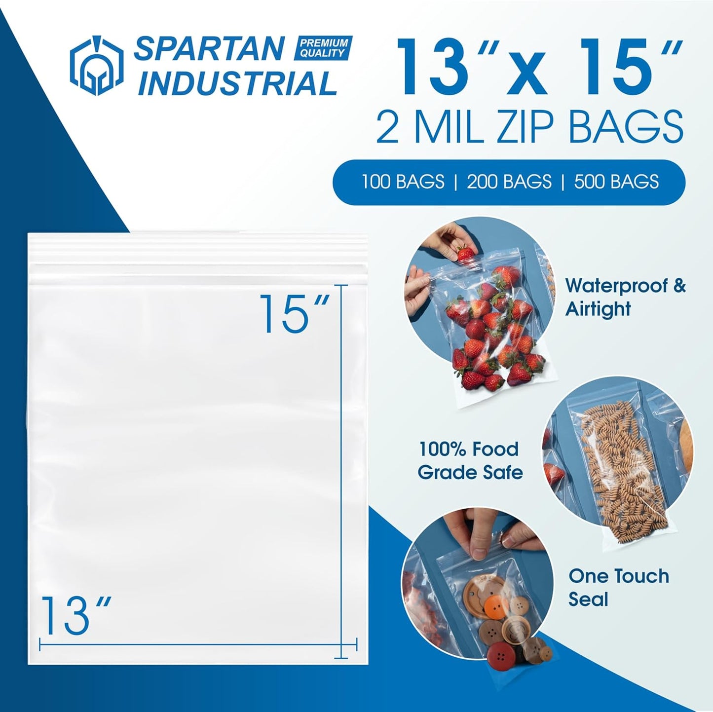 Spartan Industrial - 13” X 15” (500 Count) 2 Mil Clear Reclosable Zip Plastic Poly Bags with Resealable Lock Seal Zipper