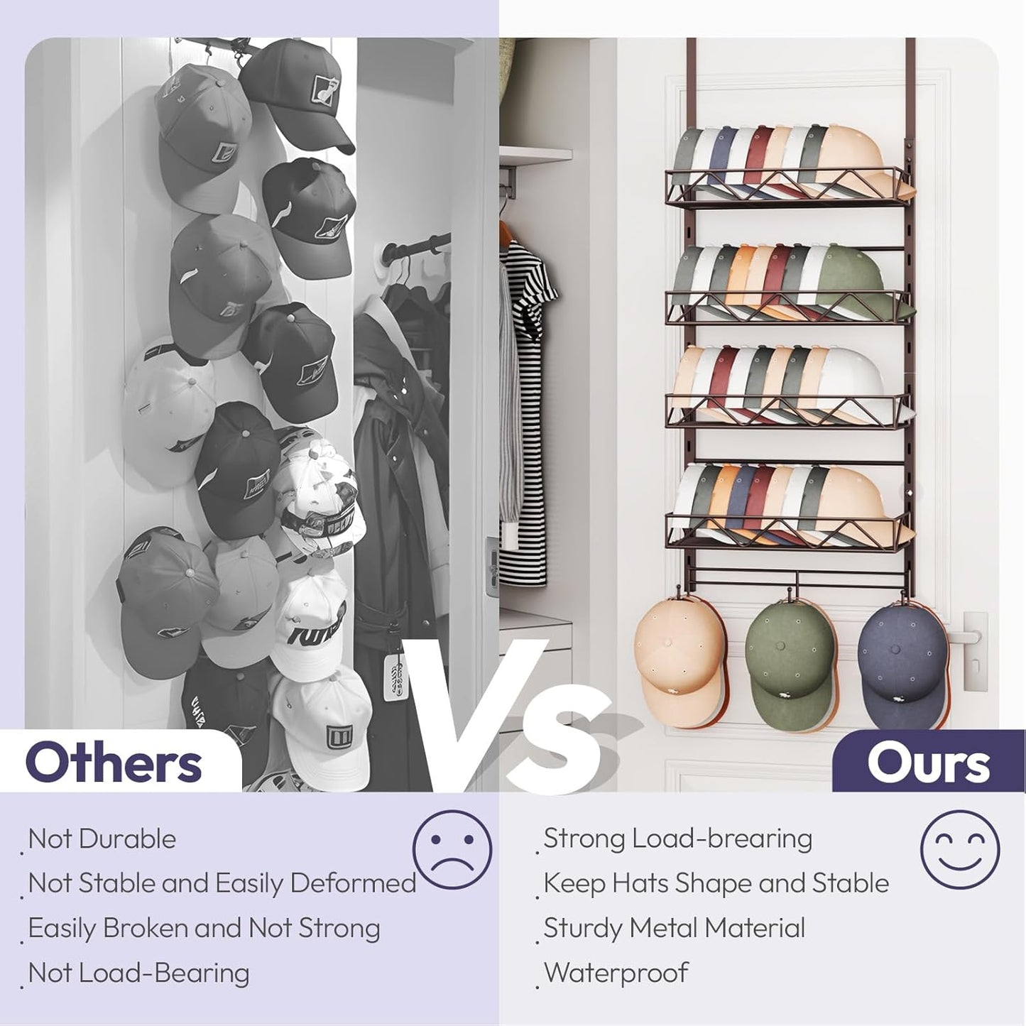 SWTYMIKI Over Door Hat Organizer - 5 Tier Wall Mounted Hat Rack with 4 Adjustable Metal Basket and 3 Hooks, Hanging Baseball Cap Organizer Storage Holds up to 49 Caps for Door, Bedroom, Closet