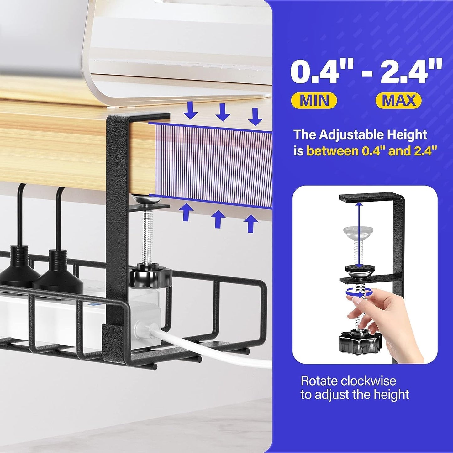 Under Desk Cable Management Tray 2 Pack, Xpatee Wire Management No Screws, Cable Tray with Clamp for Wire Management, Computer Code Rack for Office, Home - No Damage to Desk Black