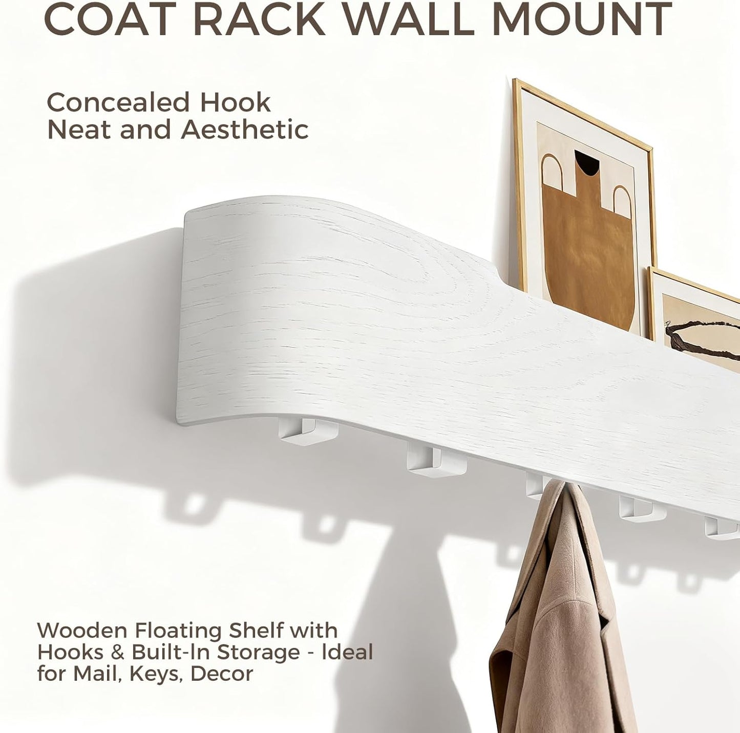 Wall Coat Rack Floating Shelves Modern Coat Rack Wall Mount with Storage Entryway Shelf Wooden Hanger 20 Inch 4 Hidden Metal Hooks for Living Room Bedroom (White, 8 Hooks)