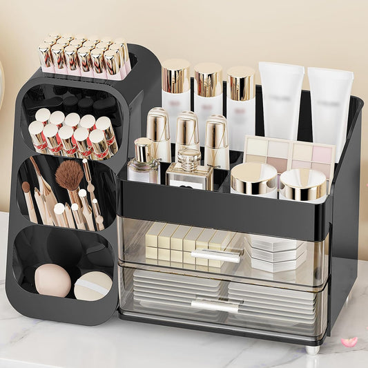 Makeup Organizer with Drawers, Skincare Organizer (Large Size Thick), Storage Box Cosmetic Display Cases, Make up Organizers for Vanity, Dresser, Desk, Kitchen, Countertop (black)