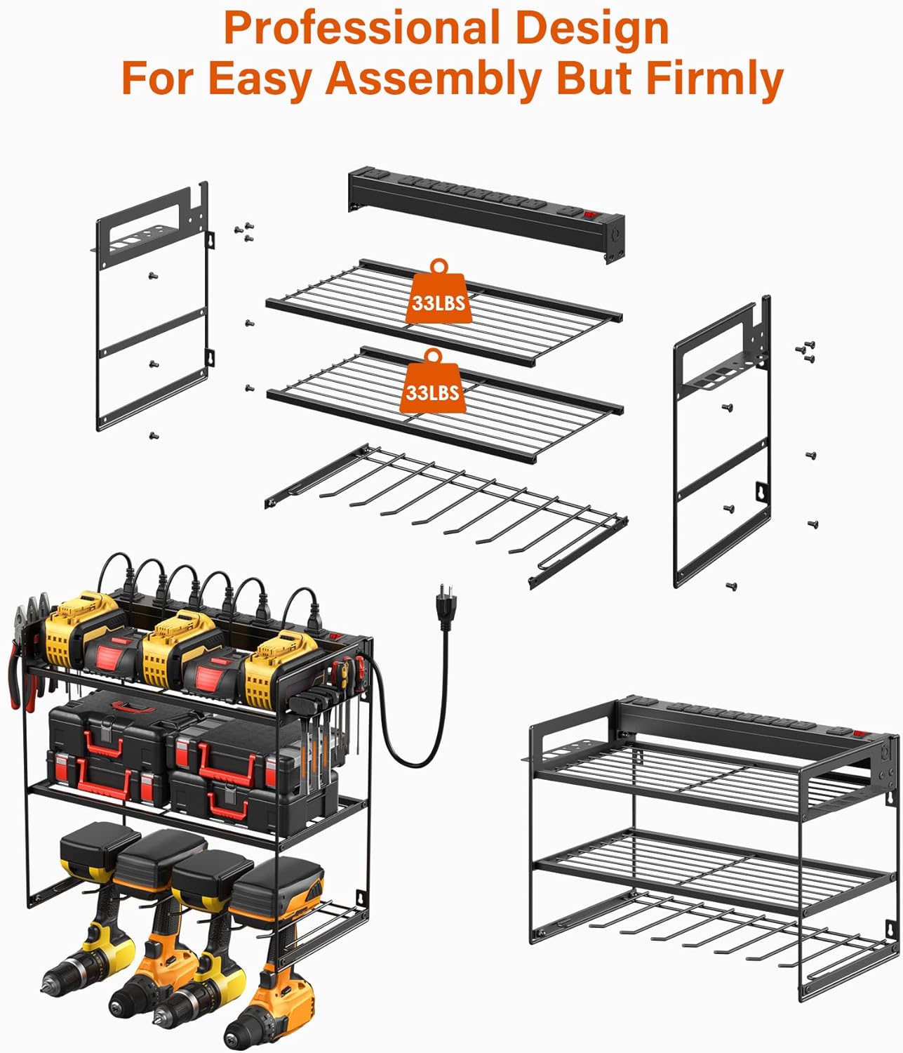 JUNNUJ Power Tool Organizer with 10 Outlet Power Strip, 3 Layer Wall Mount Drill Holder with Charging Station, 4 Drills Storage Shelf Shop Garage Utility Rack, Black