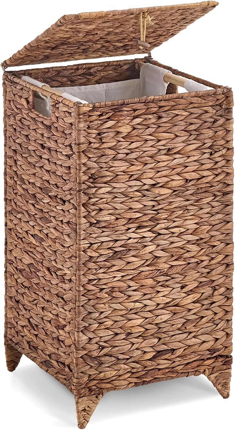Handwoven Laundry Hamper with Lid, Natural Water Hyacinth Heightened Feet Laundry Basket, Wicker Clothes Hamper with Removable Liner Bag