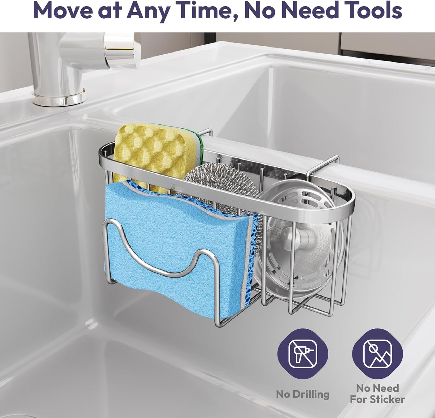 SWTYMIKI Sponge Holder for Kitchen Sink - Movable Kitchen Sink Caddy with M Shape Hook Stainless Steel Hanging Sponges Caddy Organizer in Double Bowl Sinks Depth>3.15in, Middle divider<1.5in, Silver L