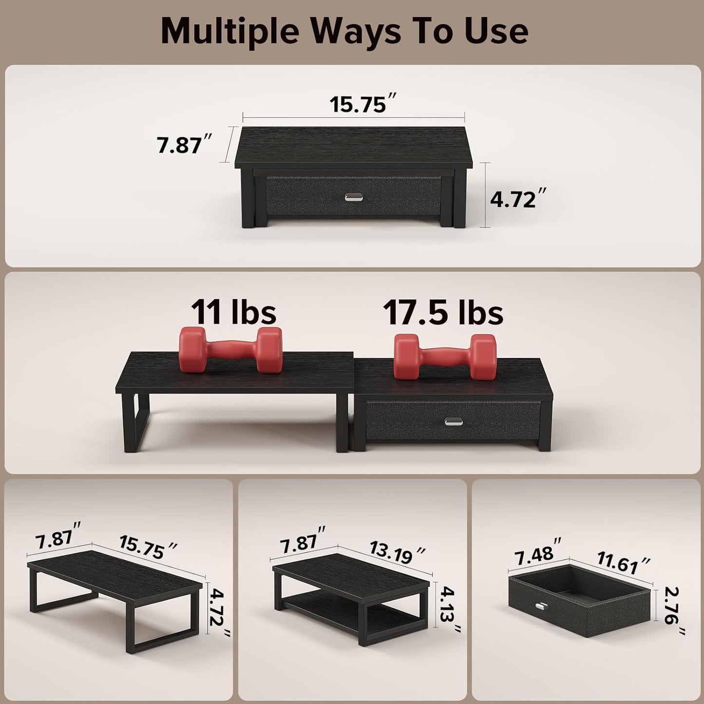 WOHOMO Dual Monitor Stand Riser with Drawers, Wood Desk Organizers for 2 Monitors, Desktop Storage Stand for Computer, Laptop, Black