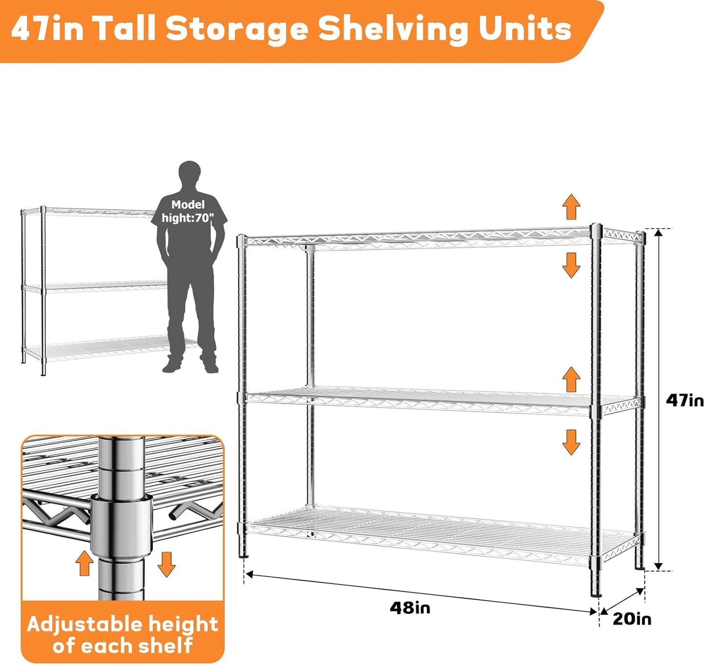Storage Shelves Heavy Duty, 48" W x 20" D x 47" H Garage Wire Shelving Unit Loads 1200LBS, 3-Tier Adjustable Metal Industrial Utility Shelf Rack for Kitchen, Laundry Room, Pantry, Warehouse, Basement