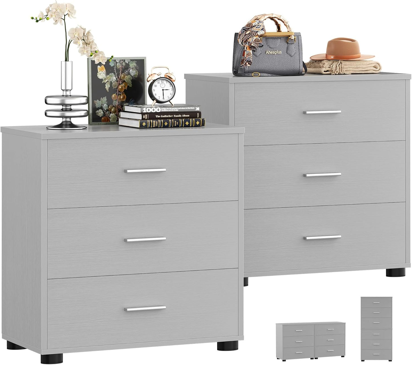 Aheaplus Closet Drawers Set of 2, Wood Closet Organizers and Storage with 3 Drawers, Closet Drawers Organizer System, Nightstands Bedside End Table with 3 Drawers Storage for Bedroom, Grey
