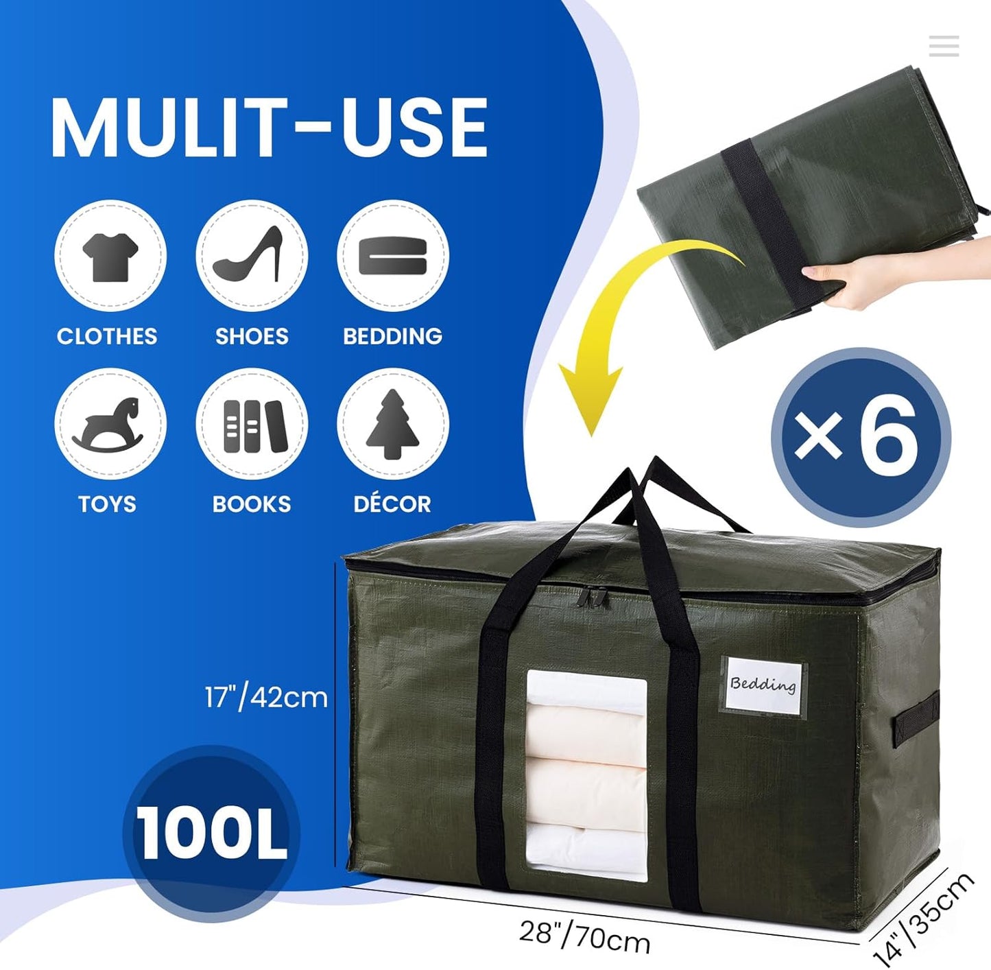 TAILI 6 Pack Green Extra Large Moving Bags, Heavy Duty Totes with Visible Window, Wrap Around Handles, Space-Saving Storage, Alternative to Moving Boxes