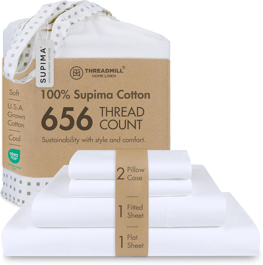 Threadmill California King Sheet Sets |Certified American Supima Cotton Sheets | 656 Thread Count 4 Piece Hotel Quality Luxury Bed Sheets Set with Elasticized Extra Deep Pocket | White Sheets