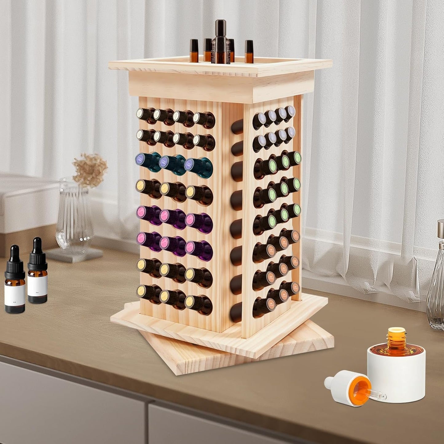 Wooden Essential Oil Bottle Display Rack Rotating Essential Oil Storage Organizer with 125 Holes, Holder Bottles Roller Shelf for Essential Oils, Nail Polish, Fragrance Oils, Cosmetics