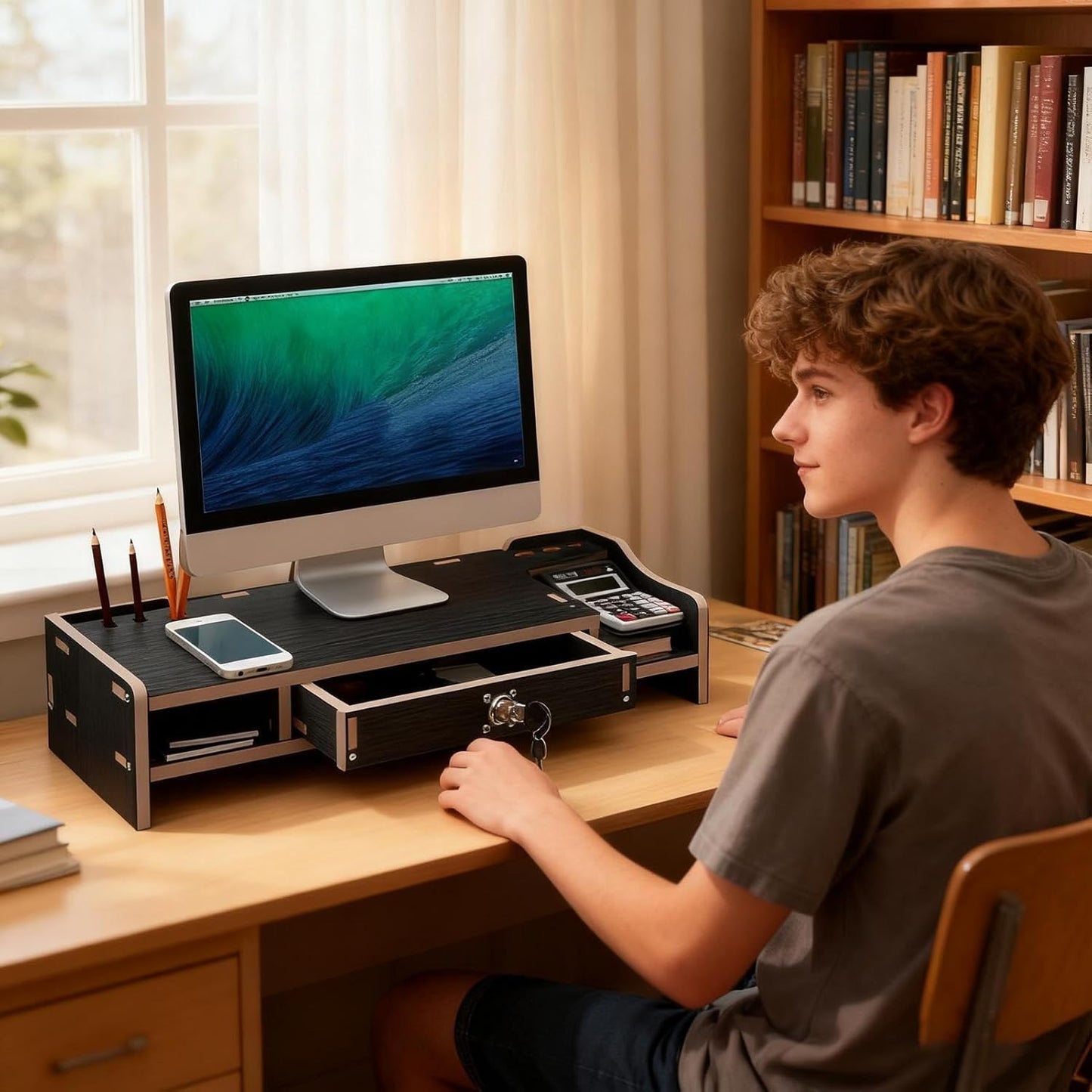 Monitor Riser - Wooden Desktop Organizer Shelf - Desktop Organizer With Drawer - for Laptop Printer PC TV Screen Pen Home Dorm Hotel Restaurant Apartment