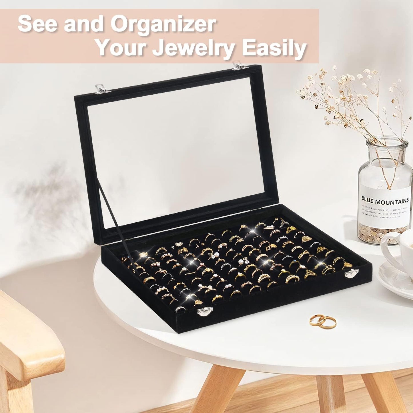 Ring Organizer for Jewelry, Ring Holder Box with Clear Lid, Dustproof Velvet Rings Display Tray Storage Case, 100 Slot Glass Top Jewelry Tray Drawer Insert for Multiple Rings Studs Earring (Black)