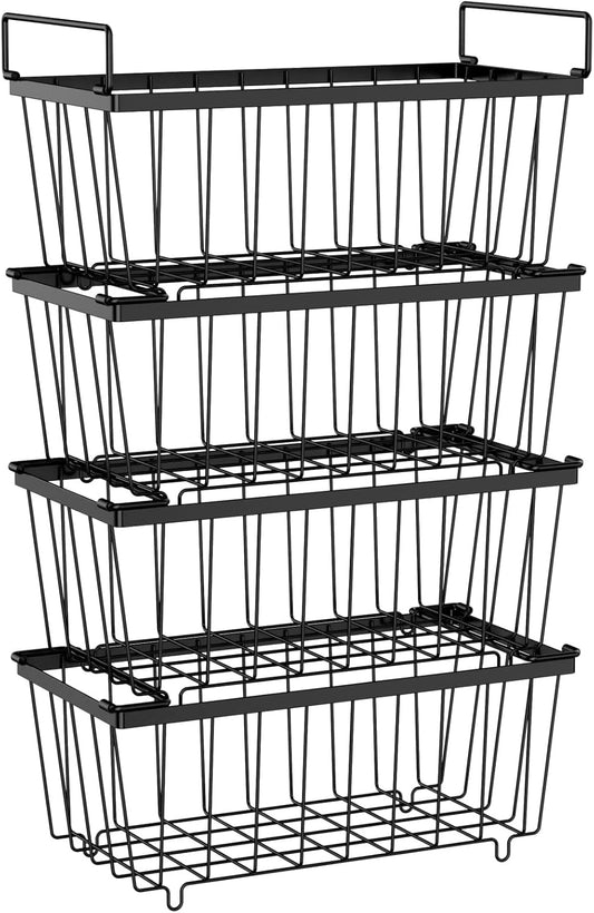 iSPECLE Freezer Organizer Bins - 4 Pack Small Stackable Freezer Baskets for 7 Cu.ft Deep Freezer, Easy Access Food No More Digging, Sturdy Metal Wire Basket Not Scratch Bottom, Black